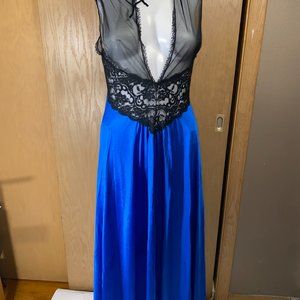 VTG 60's Kayser Lingerie Blue Nylon W/ Sheer Lace Bodice Long Y2K Nightgown SZ S